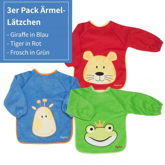 Playshoes Ärmel-Lätzchen 3er Pack - Giraffe Blau, Tiger Rot & Frosch Grün