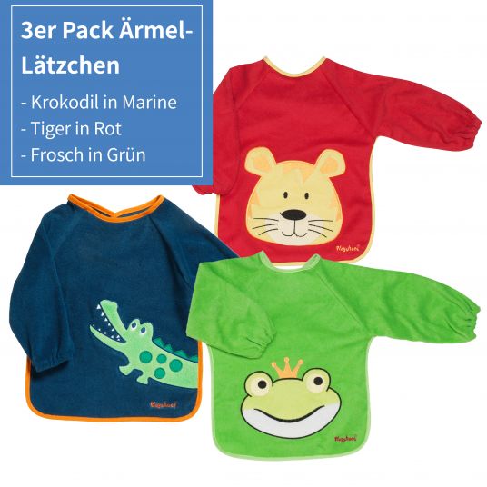 Playshoes Ärmel-Lätzchen 3er Pack - Krokodil Marine, Tiger Rot & Frosch Grün