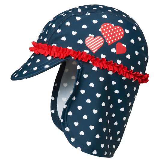 Playshoes Bathing cap with neck protection - hearts navy red - size 49