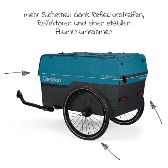 Qeridoo Fahrradlastenanhänger Qubee XL mit Kupplung Fassungsvermögen 220 Liter Volumen - Limited Edition - Petrol