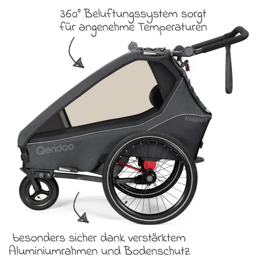 Qeridoo Kidgoo 1 children's bike trailer & buggy for 1 child with coupling, steam system, XL trunk (up to 50 kg) - Steel Grey