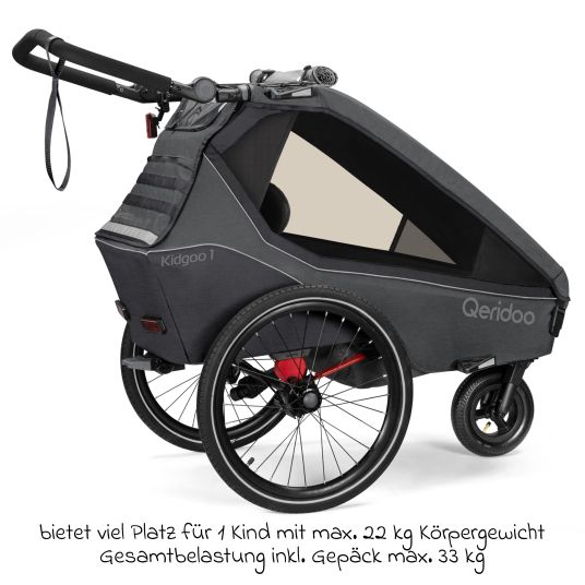 Qeridoo Kinderfahrradanhänger & Buggy Kidgoo 1 für 1 Kind (bis 50 kg) mit Kupplung, Dampfsystem, XL-Kofferraum - Steel Grey