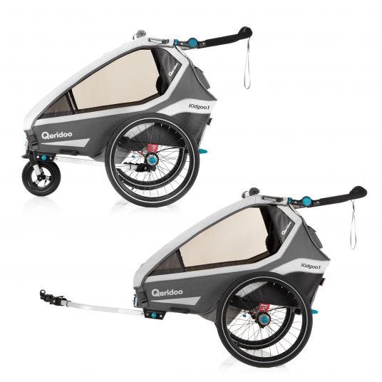 Qeridoo Kidgoo 1 child bike trailer & stroller for 1 child with hitch, shock absorption system, XL trunk (up to 50 kg) - Steel Grey