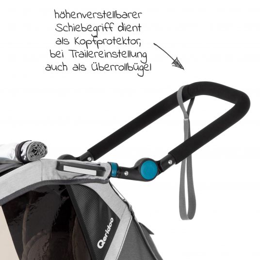 Qeridoo Kidgoo 1 rimorchio per bici e passeggino per 1 bambino con gancio, sistema di ammortizzazione, bagagliaio XL (fino a 50 kg) - Grigio Acciaio