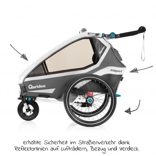 Qeridoo Kidgoo 1 child bike trailer & stroller for 1 child with hitch, shock absorption system, XL trunk (up to 50 kg) - Steel Grey