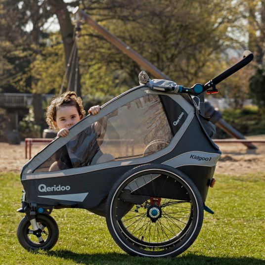 Qeridoo Kidgoo 1 rimorchio per bici e passeggino per 1 bambino con gancio, sistema di ammortizzazione, bagagliaio XL (fino a 50 kg) - Grigio Acciaio