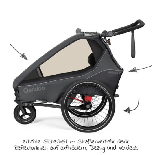 Qeridoo Rimorchio bici e passeggino per 2 bambini Kidgoo 2 con aggancio, sistema di assorbimento degli urti, bagagliaio XL (fino a 60 kg) - Grigio Acciaio