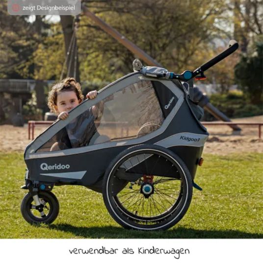Qeridoo Rimorchio bici e passeggino per 2 bambini Kidgoo 2 con aggancio, sistema di assorbimento degli urti, bagagliaio XL (fino a 60 kg) - Grigio Acciaio