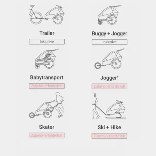 Qeridoo Kinderfahrradanhänger & Buggy Kidgoo 2 für 2 Kinder (bis 60 kg) mit Kupplung, Dämpfsystem, XL-Kofferraum - Steel Grey