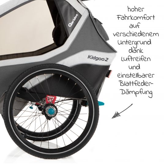Qeridoo Kidgoo 2 rimorchio per bici e passeggino per 2 bambini con gancio, sistema di ammortizzazione, bagagliaio XL (fino a 60 kg) - Grigio acciaio