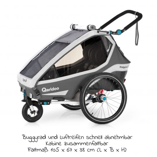 Qeridoo Kidgoo 2 child bike trailer & stroller for 2 children with hitch, shock absorption system, XL trunk (up to 60kg) - Steel Grey