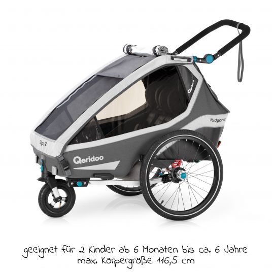 Qeridoo Kinderfahrradanhänger & Buggy Kidgoo 2 für 2 Kinder mit Kupplung, Dämpfsystem, XL-Kofferraum (bis 60kg) - Steel Grey