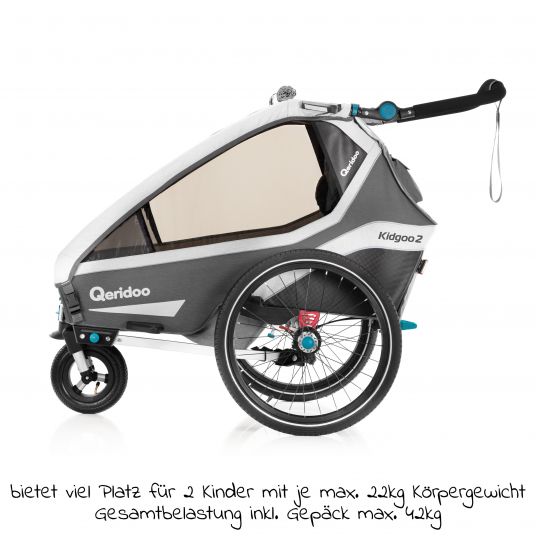 Qeridoo Kidgoo 2 rimorchio per bici e passeggino per 2 bambini con gancio, sistema di ammortizzazione, bagagliaio XL (fino a 60 kg) - Grigio acciaio