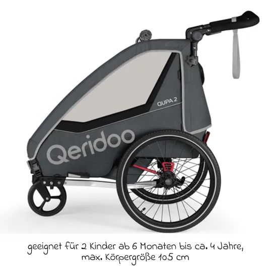 Qeridoo Kinderfahrradanhänger & Buggy QUPA 2 für 2 Kinder (bis 60 kg) mit Kupplung, Blattfeder-Dämpfsystem - Grey