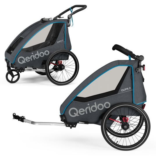 Qeridoo Kinderfahrradanhänger & Buggy QUPA 2 für 2 Kinder mit Kupplung, Blattfeder-Dämpfsystem (bis 60 kg) - Blue