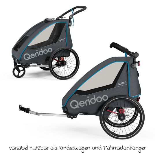 Qeridoo Kinderfahrradanhänger & Buggy QUPA 2 für 2 Kinder mit Kupplung, Blattfeder-Dämpfsystem (bis 60 kg) - Blue