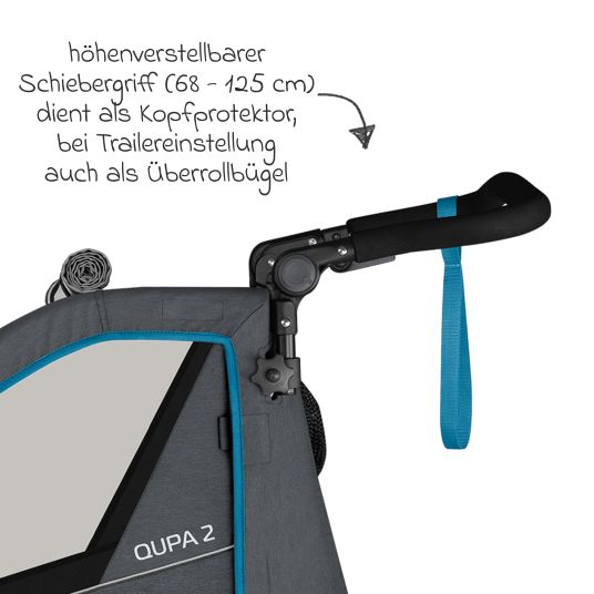 Qeridoo Kinderfahrradanhänger & Buggy QUPA 2 für 2 Kinder mit Kupplung, Blattfeder-Dämpfsystem (bis 60 kg) - Blue