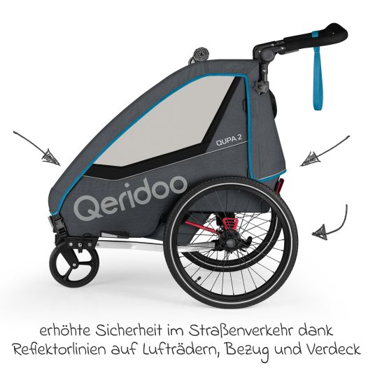 Qeridoo Kinderfahrradanhänger & Buggy QUPA 2 für 2 Kinder mit Kupplung, Blattfeder-Dämpfsystem (bis 60 kg) - Blue