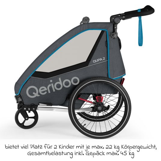 Qeridoo Kinderfahrradanhänger & Buggy QUPA 2 für 2 Kinder mit Kupplung, Blattfeder-Dämpfsystem (bis 60 kg) - Blue