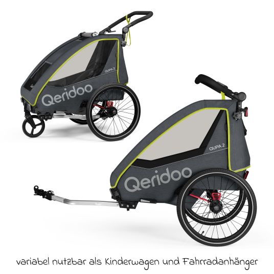 Qeridoo Kinderfahrradanhänger & Buggy QUPA 2 für 2 Kinder mit Kupplung, Blattfeder-Dämpfsystem (bis 60 kg) - Lime