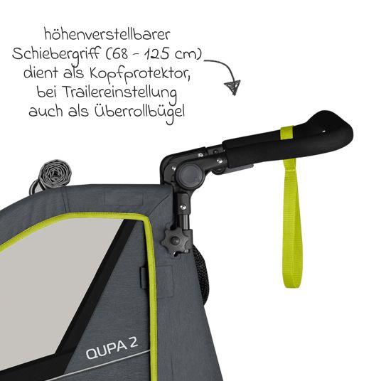 Qeridoo Kinderfahrradanhänger & Buggy QUPA 2 für 2 Kinder mit Kupplung, Blattfeder-Dämpfsystem (bis 60 kg) - Lime