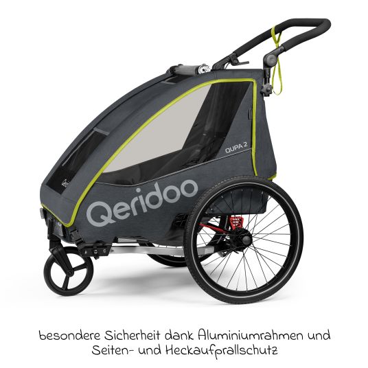 Qeridoo Kinderfahrradanhänger & Buggy QUPA 2 für 2 Kinder mit Kupplung, Blattfeder-Dämpfsystem (bis 60 kg) - Lime