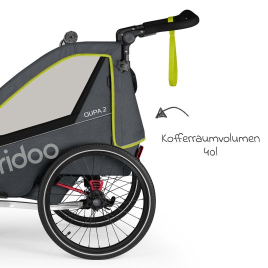 Qeridoo Kinderfahrradanhänger & Buggy QUPA 2 für 2 Kinder mit Kupplung, Blattfeder-Dämpfsystem (bis 60 kg) - Lime