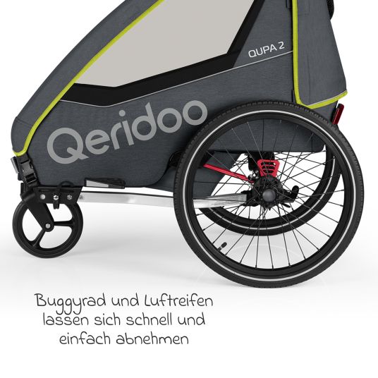 Qeridoo Kinderfahrradanhänger & Buggy QUPA 2 für 2 Kinder mit Kupplung, Blattfeder-Dämpfsystem (bis 60 kg) - Lime