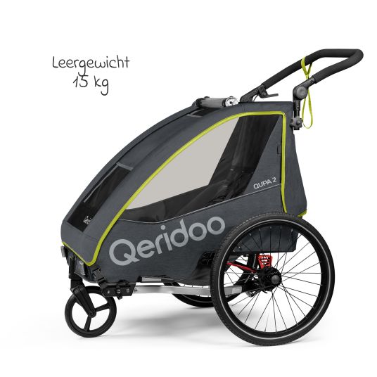 Qeridoo Kinderfahrradanhänger & Buggy QUPA 2 für 2 Kinder mit Kupplung, Blattfeder-Dämpfsystem (bis 60 kg) - Lime