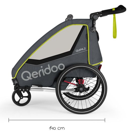 Qeridoo Kinderfahrradanhänger & Buggy QUPA 2 für 2 Kinder mit Kupplung, Blattfeder-Dämpfsystem (bis 60 kg) - Lime