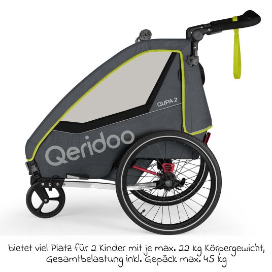 Qeridoo Kinderfahrradanhänger & Buggy QUPA 2 für 2 Kinder mit Kupplung, Blattfeder-Dämpfsystem (bis 60 kg) - Lime