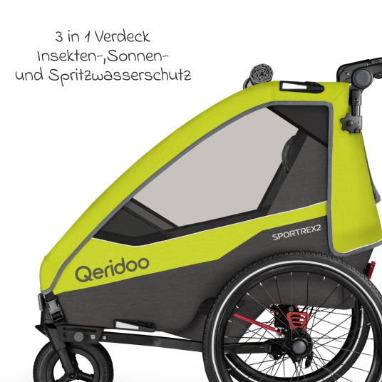 Qeridoo Kinderfahrradanhänger & Buggy Sportrex 1 lt. Edition für 1 Kind mit Kupplung, Dämpfsystem (bis 50 kg) - Lime Green