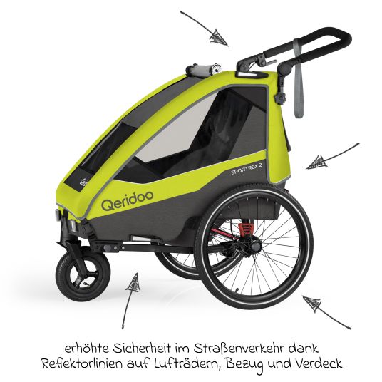 Qeridoo Rimorchio per bici e passeggino Sportrex 1 lt. Edition per 1 bambino con gancio, sistema di assorbimento degli urti (fino a 50 kg) - Verde Lime