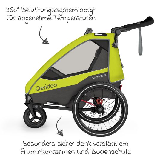 Qeridoo Child bike trailer & buggy Sportrex 1 lt. Edition for 1 child with hitch, shock absorption system (up to 50 kg) - Lime Green