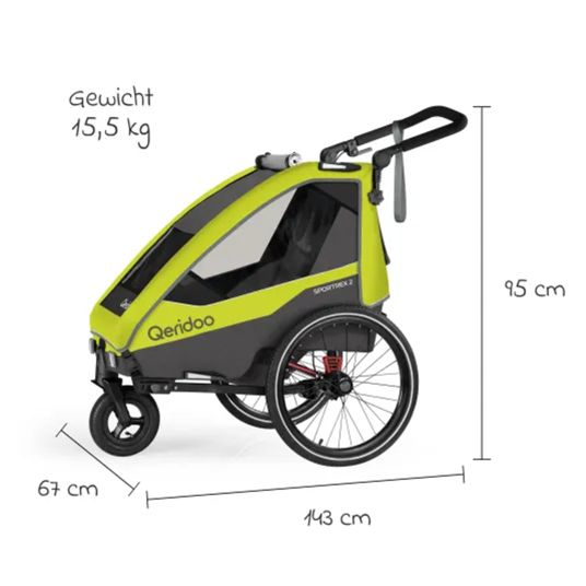 Qeridoo Child bike trailer & buggy Sportrex 1 lt. Edition for 1 child with hitch, shock absorption system &#40;up to 50 kg&#41; - Lime Green