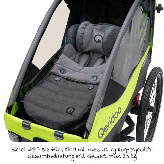 Qeridoo Rimorchio per bici e passeggino Sportrex 1 lt. Edition per 1 bambino con gancio, sistema di assorbimento degli urti (fino a 50 kg) - Verde Lime