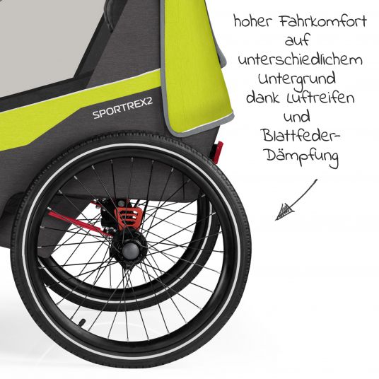 Qeridoo Sportrex 2 Lt. Edition rimorchio per bici e passeggino per 2 bambini con gancio, sistema di ammortizzazione (fino a 60 kg) - Verde Lime