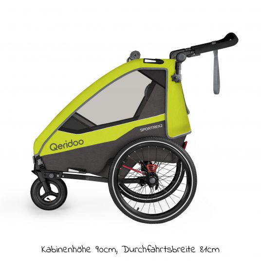 Qeridoo Kinderfahrradanhänger & Buggy Sportrex 2 Lt. Edition für 2 Kinder mit Kupplung, Dämpfsystem (bis 60kg) - Lime Green