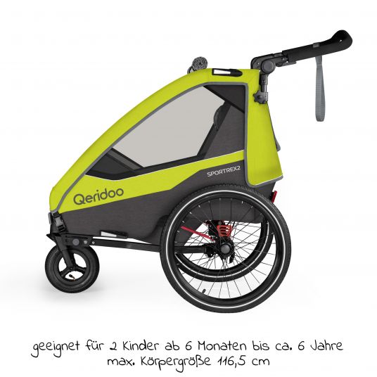 Qeridoo Kinderfahrradanhänger & Buggy Sportrex 2 Lt. Edition für 2 Kinder mit Kupplung, Dämpfsystem (bis 60kg) - Lime Green