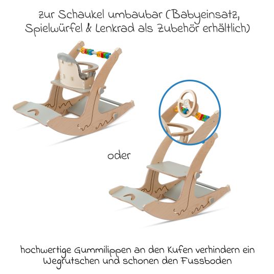 QuarttoLino Multifunktionaler Hochstuhl aus Holz - Hochstuhl, Schaukel, Treppe, Lerntower & Babywippe in einem bis 150 kg nutzbar - Grau