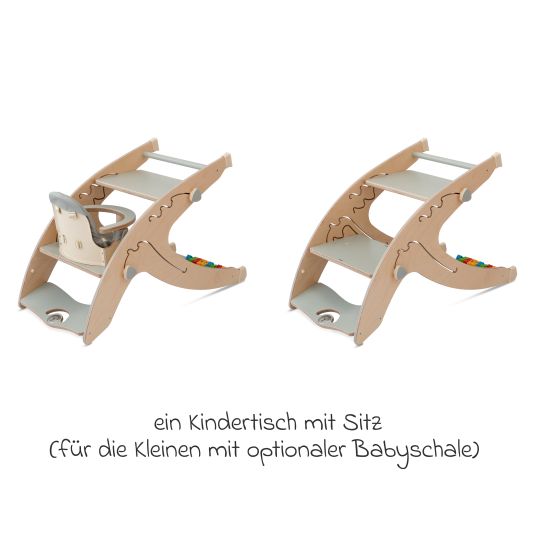 QuarttoLino Multifunktionaler Hochstuhl aus Holz - Hochstuhl, Schaukel, Treppe, Lerntower & Babywippe in einem bis 150 kg nutzbar - Grau