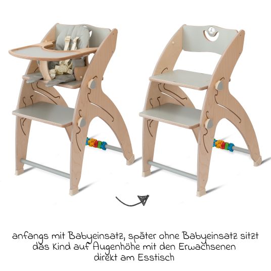QuarttoLino Multifunctional wooden high chair - high chair, swing, staircase, learning tower & baby bouncer in one, usable up to 150 kg - gray