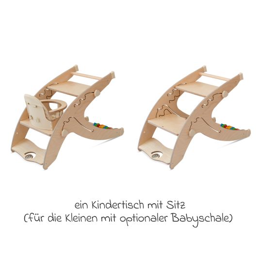 QuarttoLino Multifunktionaler Hochstuhl aus Holz - Hochstuhl, Schaukel, Treppe, Lerntower & Babywippe in einem bis 150 kg nutzbar - Natur