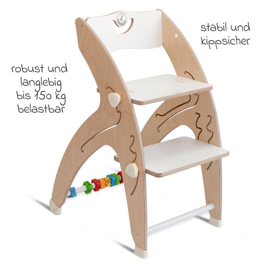 QuarttoLino Multifunktionaler Hochstuhl aus Holz - Hochstuhl, Schaukel, Treppe, Lerntower & Babywippe in einem bis 150 kg nutzbar - Weiß