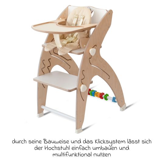 QuarttoLino Multifunktionaler Hochstuhl aus Holz - Hochstuhl, Schaukel, Treppe, Lerntower & Babywippe in einem bis 150 kg nutzbar - Weiß