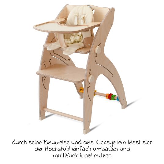 QuarttoLino Multifunktionaler Hochstuhl-Set inkl. Babysitz, Tischplatte, Spielwürfel, Sicherheitsgurt - Hochstuhl, Schaukel, Treppe, Lerntower & Babywippe in einem bis 150 kg nutzbar - Natur