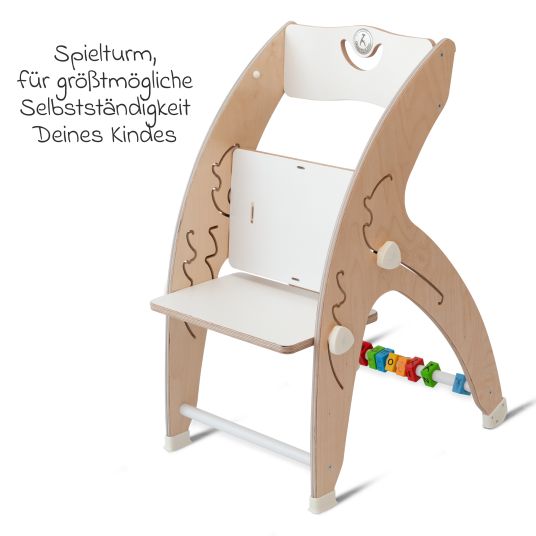 QuarttoLino Multifunktionaler Hochstuhl-Set inkl. Babysitz, Tischplatte, Spielwürfel, Sicherheitsgurt - Hochstuhl, Schaukel, Treppe, Lerntower & Babywippe in einem bis 150 kg nutzbar - Weiß