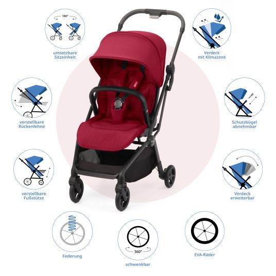 Recaro Buggy & pushchair Lexa Elite up to 22 kg load capacity with reclining position, convertible seat unit incl. carrying strap - Select - Garnet Red