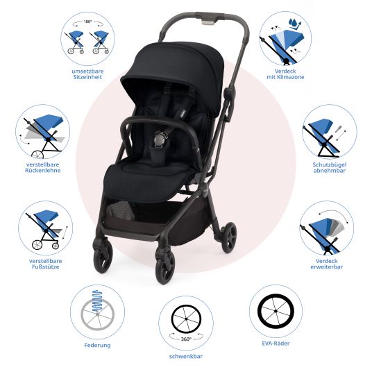 Recaro Buggy & pushchair Lexa Elite up to 22 kg load capacity with reclining position, convertible seat unit incl. carrying strap - Select - Night Black