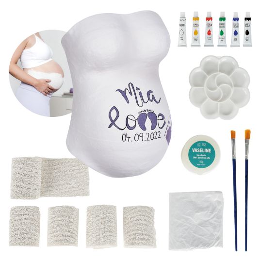 Reer 16-piece mummy baby bump plaster cast set with 5x plaster bandages, 6x acrylic paints, 1x Vaseline, 2x brushes, 1x mixing palette & 1x masking film